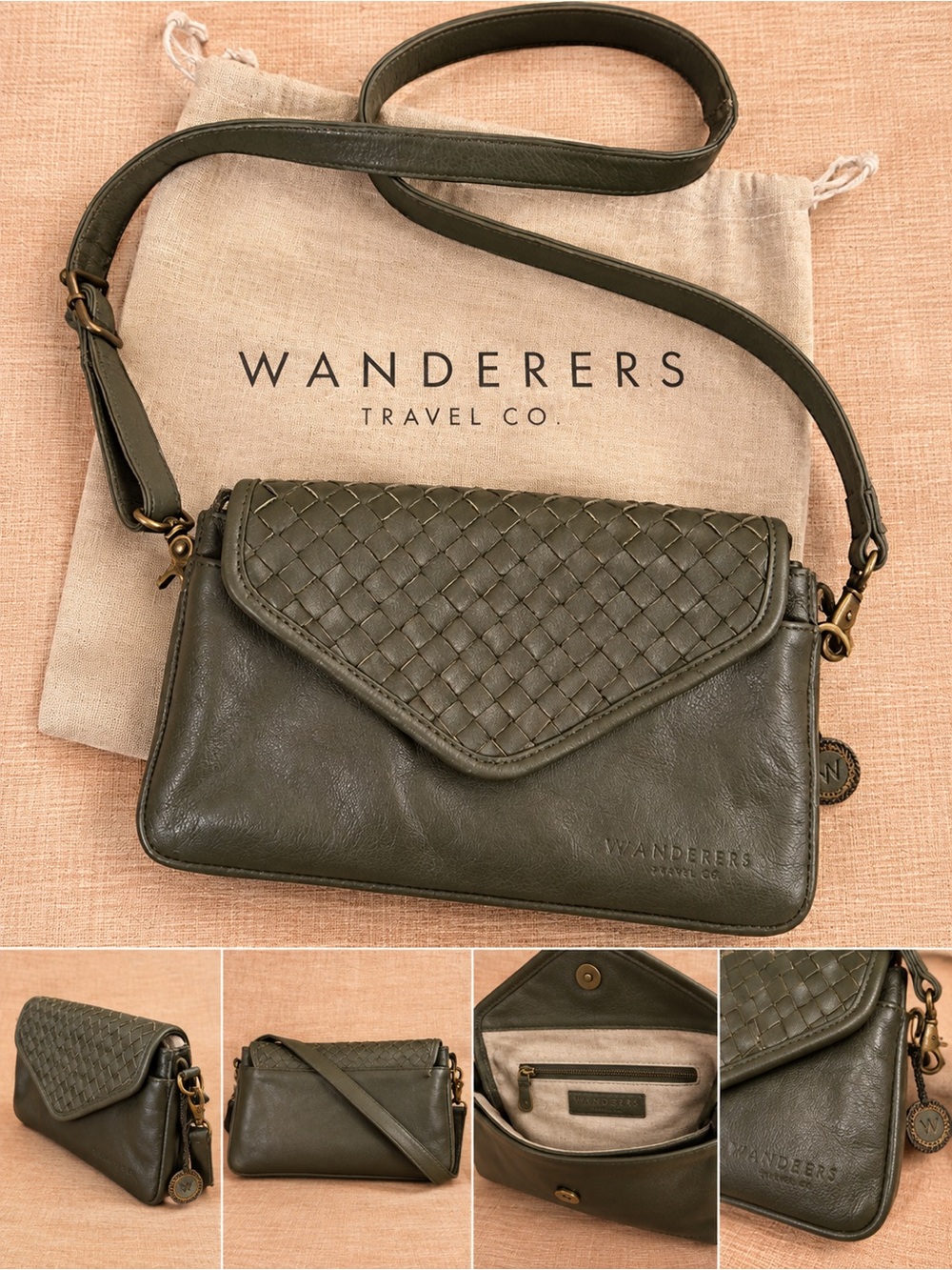 Wander Olive Woven Leather Flap Crossbody retail $199